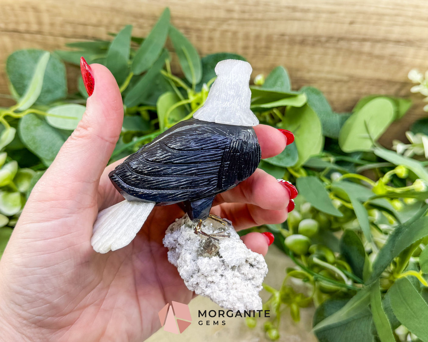 Hand-Carved Bald Eagle Sculpture No.1 (232g) on Quartz & Pyrite Base - Freedom Strength & Abundance - Metaphysical