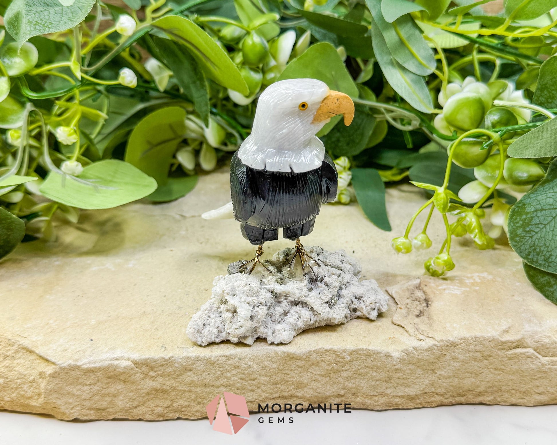 Hand-Carved Bald Eagle Sculpture No.1 (232g) on Quartz & Pyrite Base - Freedom Strength & Abundance - Metaphysical