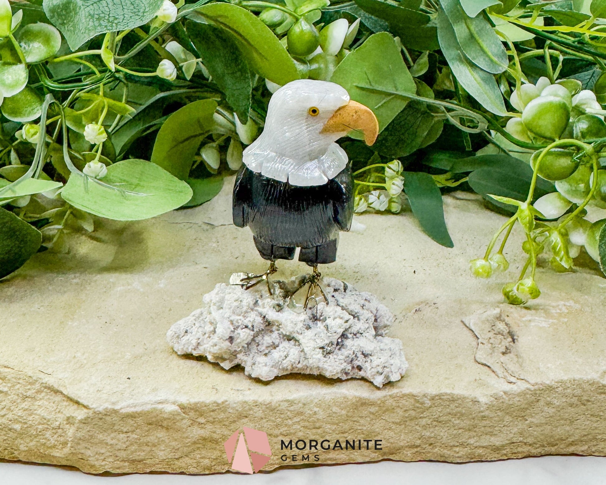 Hand-Carved Bald Eagle Sculpture No.1 (232g) on Quartz & Pyrite Base - Freedom Strength & Abundance - Metaphysical