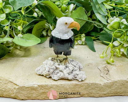 Hand-Carved Bald Eagle Sculpture No.1 (232g) on Quartz & Pyrite Base - Freedom Strength & Abundance - Metaphysical