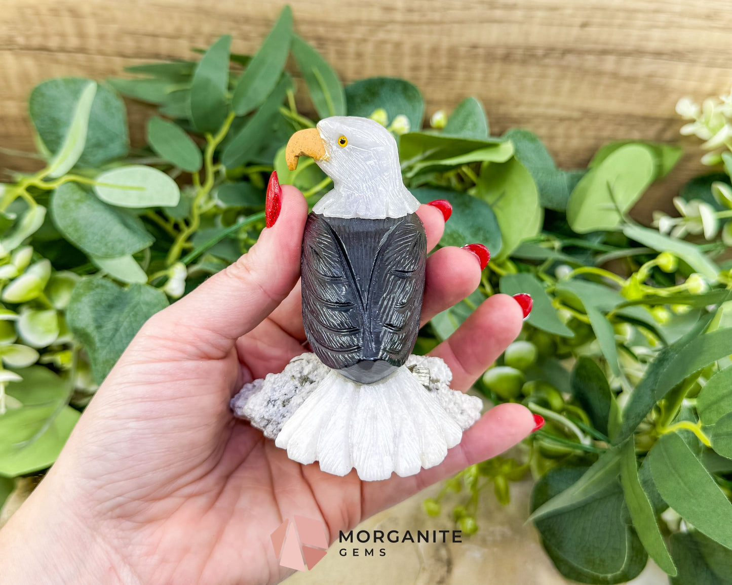 Hand-Carved Bald Eagle Sculpture No.1 (232g) on Quartz & Pyrite Base - Freedom Strength & Abundance - Metaphysical