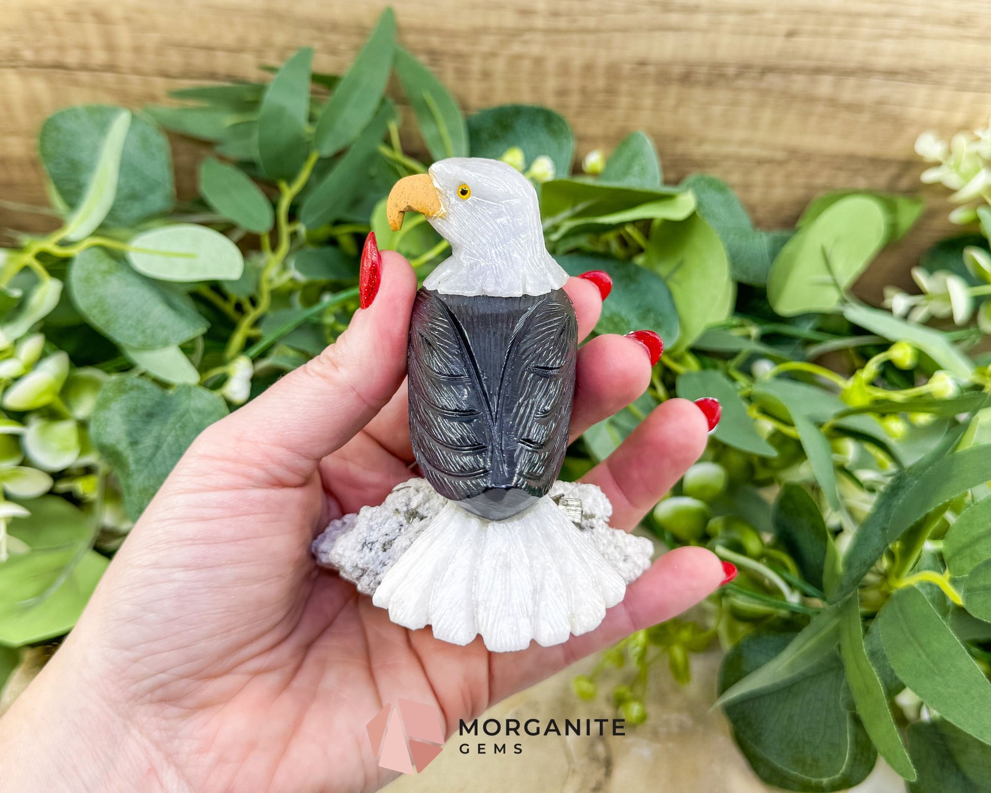 Hand-Carved Bald Eagle Sculpture No.1 (232g) on Quartz & Pyrite Base - Freedom Strength & Abundance - Metaphysical