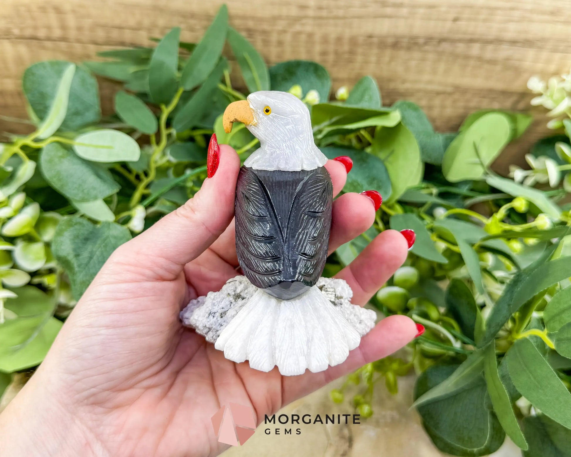 Hand-Carved Bald Eagle Sculpture No.1 (232g) on Quartz & Pyrite Base - Freedom Strength & Abundance - Metaphysical