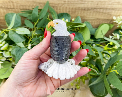 Hand-Carved Bald Eagle Sculpture No.1 (232g) on Quartz & Pyrite Base - Freedom Strength & Abundance - Metaphysical