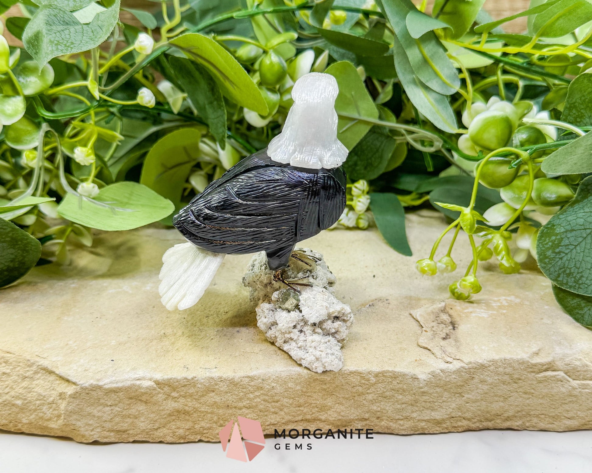 Hand-Carved Bald Eagle Sculpture No.1 (232g) on Quartz & Pyrite Base - Freedom Strength & Abundance - Metaphysical