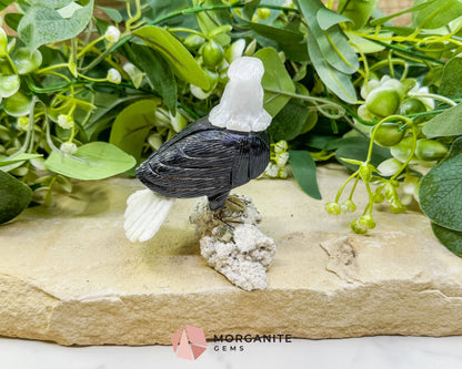 Hand-Carved Bald Eagle Sculpture No.1 (232g) on Quartz & Pyrite Base - Freedom Strength & Abundance - Metaphysical
