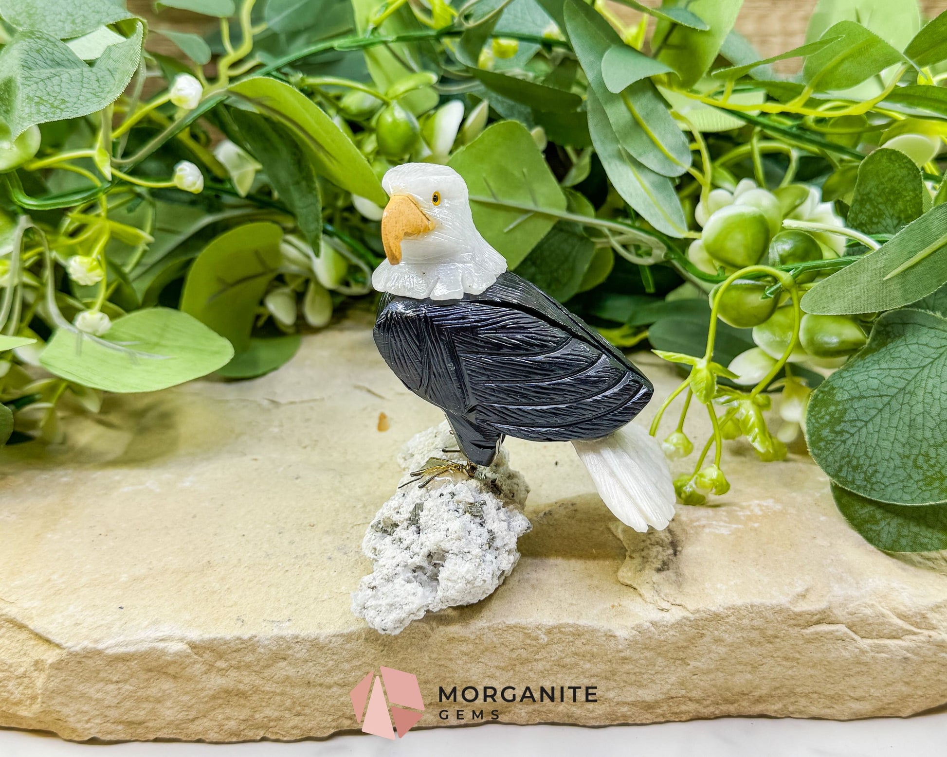 Hand-Carved Bald Eagle Sculpture No.1 (232g) on Quartz & Pyrite Base - Freedom Strength & Abundance - Metaphysical