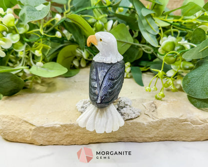Hand-Carved Bald Eagle Sculpture No.1 (232g) on Quartz & Pyrite Base - Freedom Strength & Abundance - Metaphysical