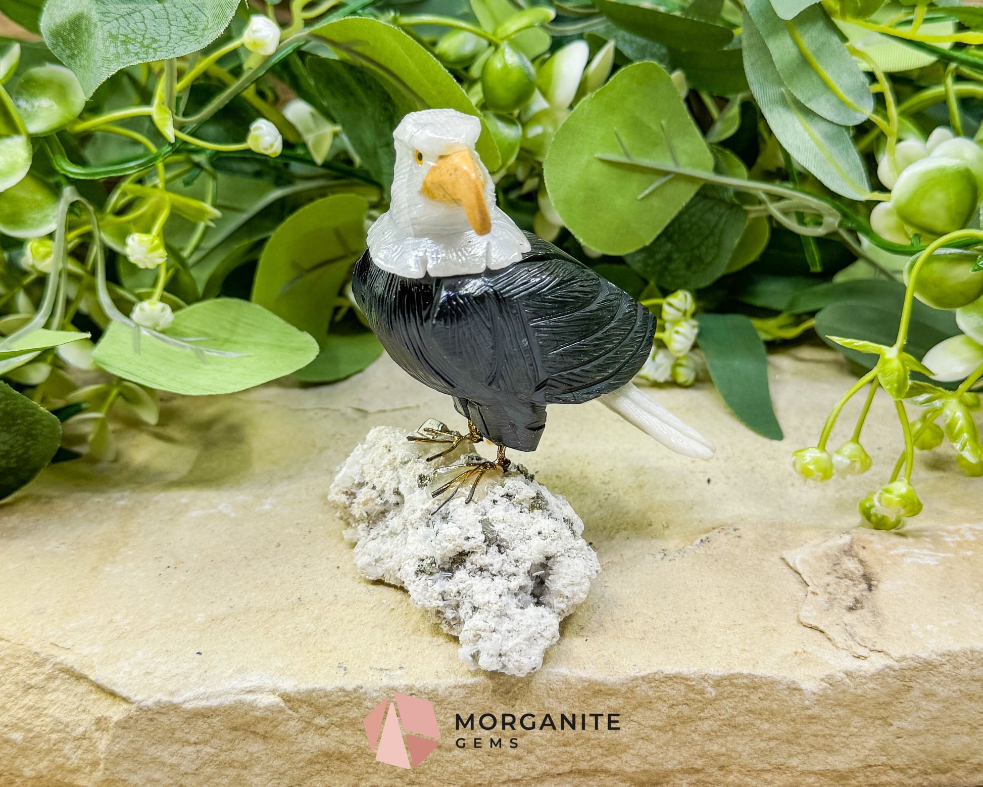 Hand-Carved Bald Eagle Sculpture No.1 (232g) on Quartz & Pyrite Base - Freedom Strength & Abundance - Metaphysical