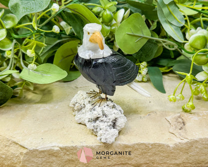 Hand-Carved Bald Eagle Sculpture No.1 (232g) on Quartz & Pyrite Base - Freedom Strength & Abundance - Metaphysical
