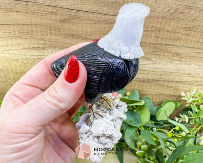 Hand-Carved Bald Eagle Sculpture No.1 (232g) on Quartz & Pyrite Base - Freedom Strength & Abundance - Metaphysical