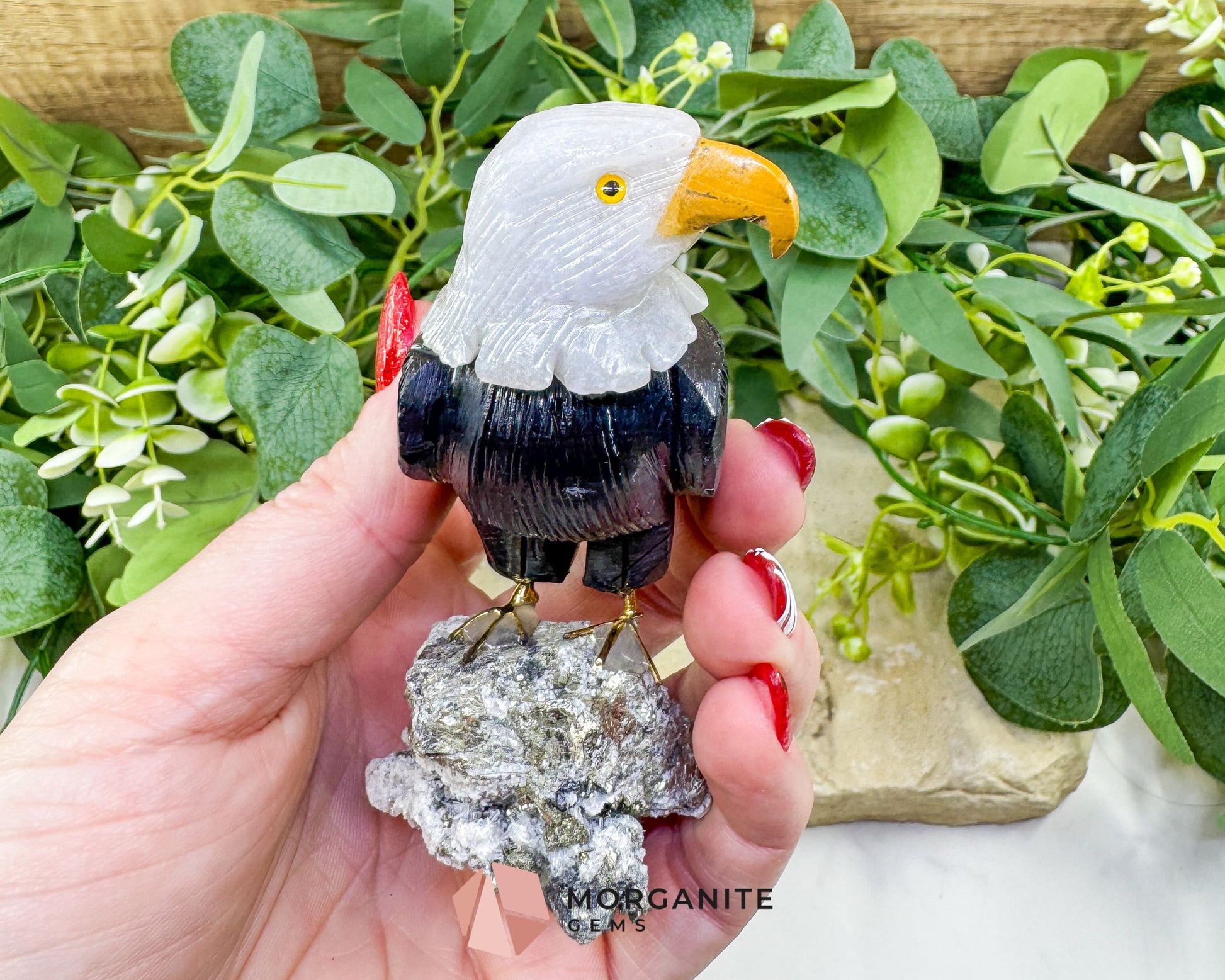 Hand-Carved Bald Eagle Sculpture No. 2 (226g) - Visible Pyrite Base for Abundance & Vision - Metaphysical Crystals