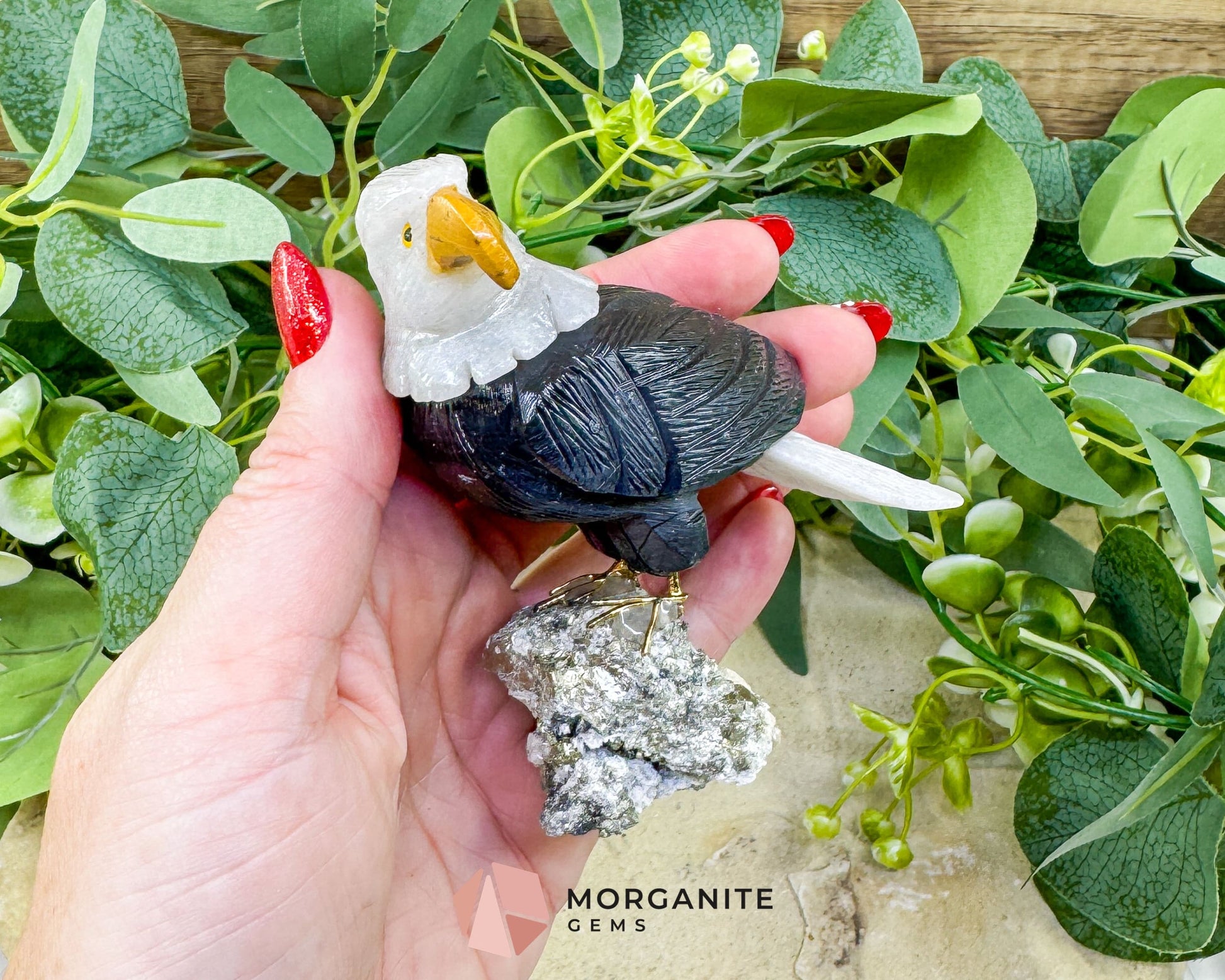 Hand-Carved Bald Eagle Sculpture No. 2 (226g) - Visible Pyrite Base for Abundance & Vision - Metaphysical Crystals
