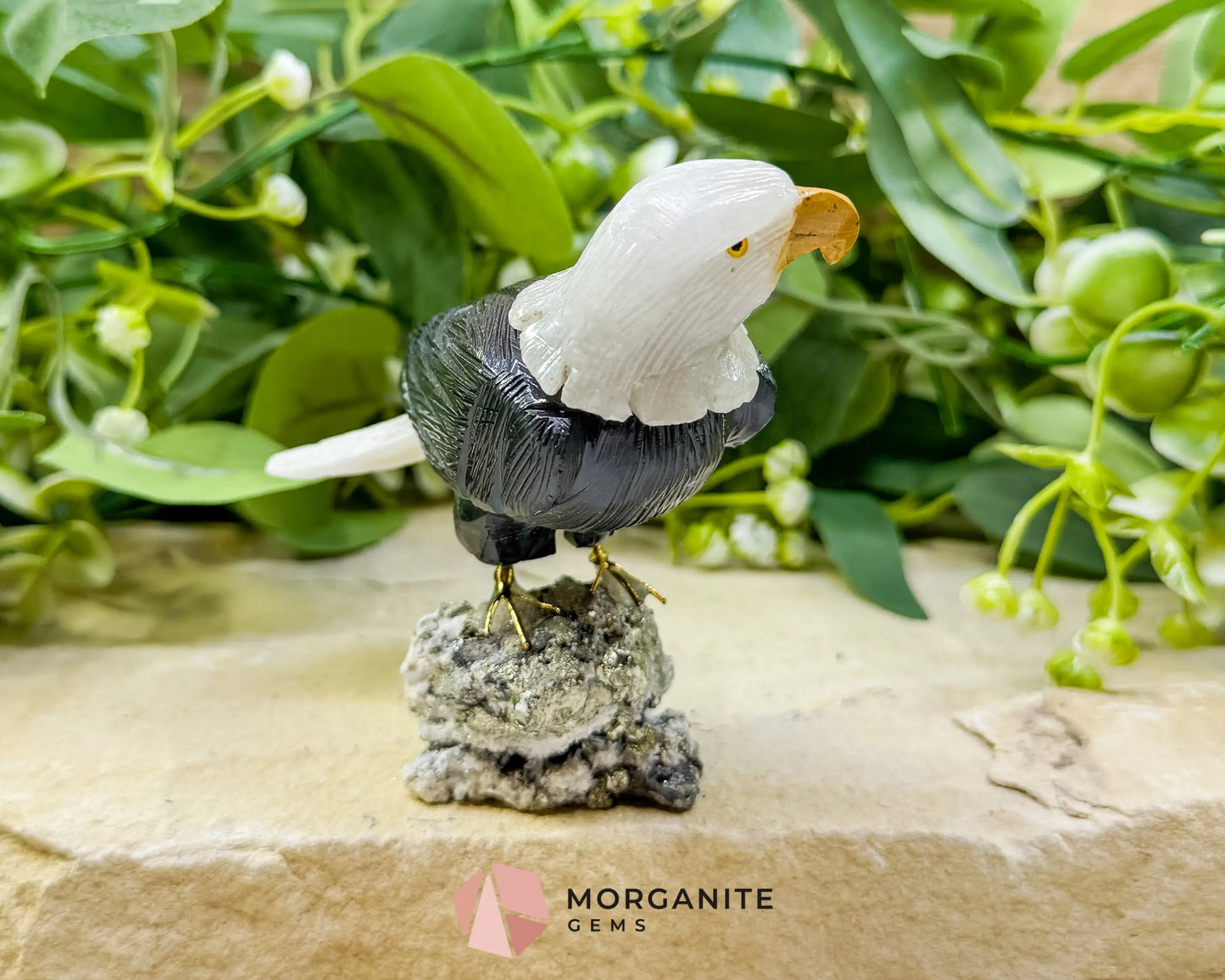 Hand-Carved Bald Eagle Sculpture No. 2 (226g) - Visible Pyrite Base for Abundance & Vision - Metaphysical Crystals