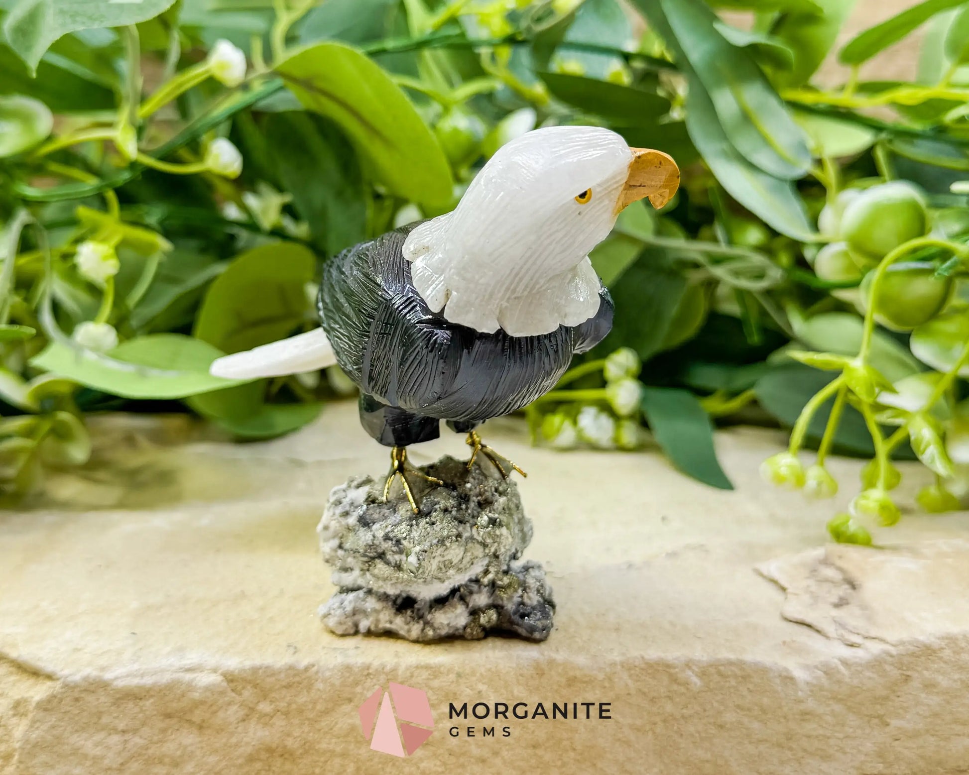 Hand-Carved Bald Eagle Sculpture No. 2 (226g) - Visible Pyrite Base for Abundance & Vision - Metaphysical Crystals