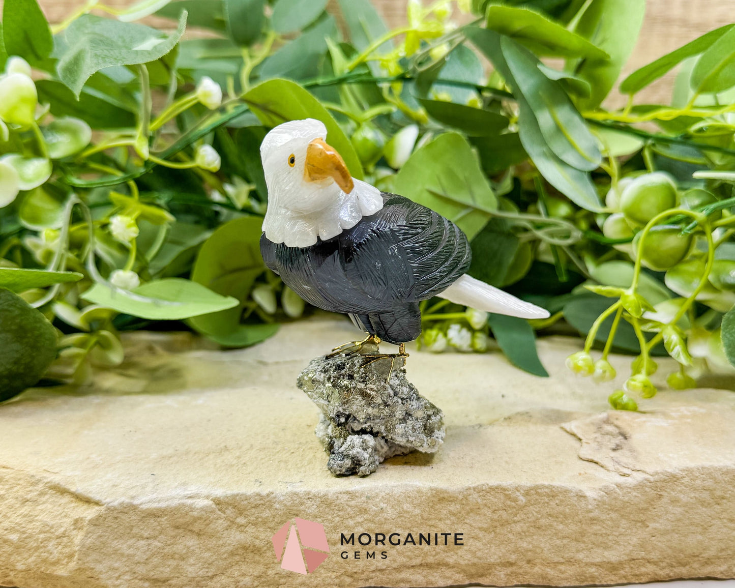 Hand-Carved Bald Eagle Sculpture No. 2 (226g) - Visible Pyrite Base for Abundance & Vision - Metaphysical Crystals