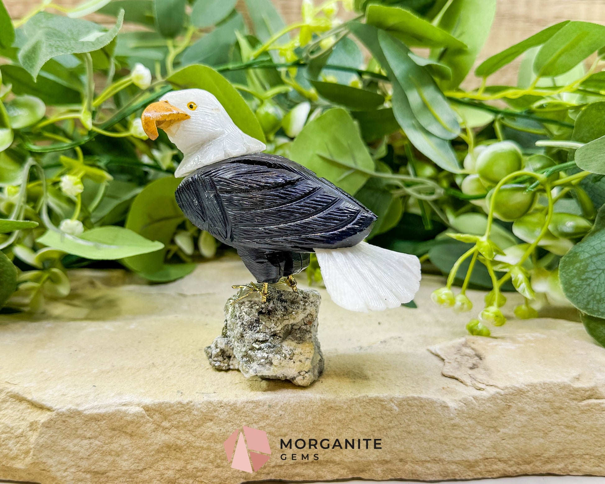 Hand-Carved Bald Eagle Sculpture No. 2 (226g) - Visible Pyrite Base for Abundance & Vision - Metaphysical Crystals