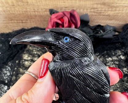 Hand-Carved Black Onyx Raven – Raven Totem in Black Onyx - Available in Multiple Sizes - 80mm Blue Eyes - Metaphysical