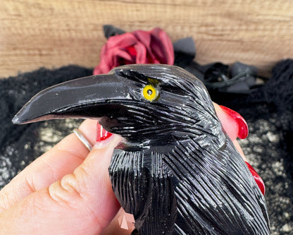 Hand-Carved Black Onyx Raven – Raven Totem in Black Onyx - Available in Multiple Sizes - 80mm Yellow Eyes