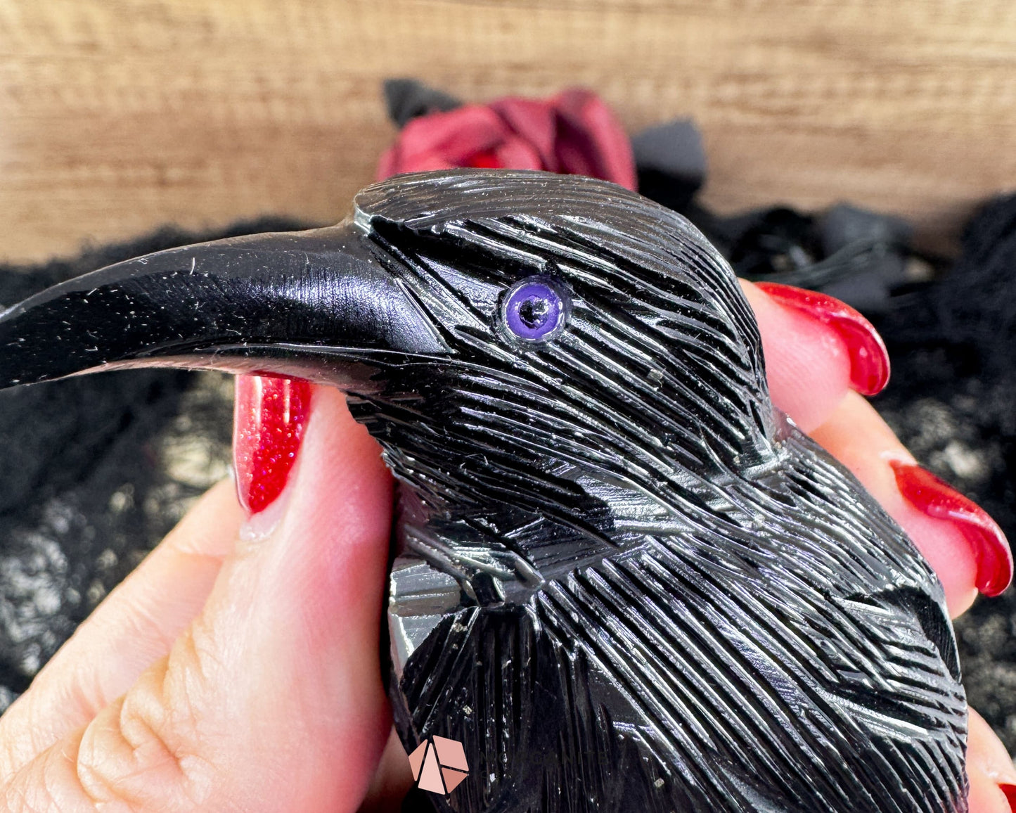 Hand-Carved Black Onyx Raven – Raven Totem in Black Onyx - Available in Multiple Sizes - 80mm Purple Eyes
