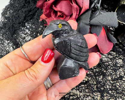 Hand-Carved Black Onyx Raven – Raven Totem in Black Onyx - Available in Multiple Sizes - 60mm Yellow Eyes