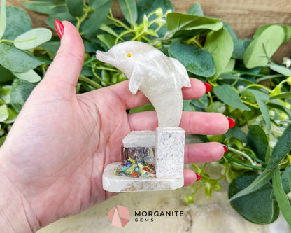 Hand-Carved Dolphin Crystal Sculpture (205g) on Mixed Stone Base with Pen/Wand Holder - Metaphysical Crystals