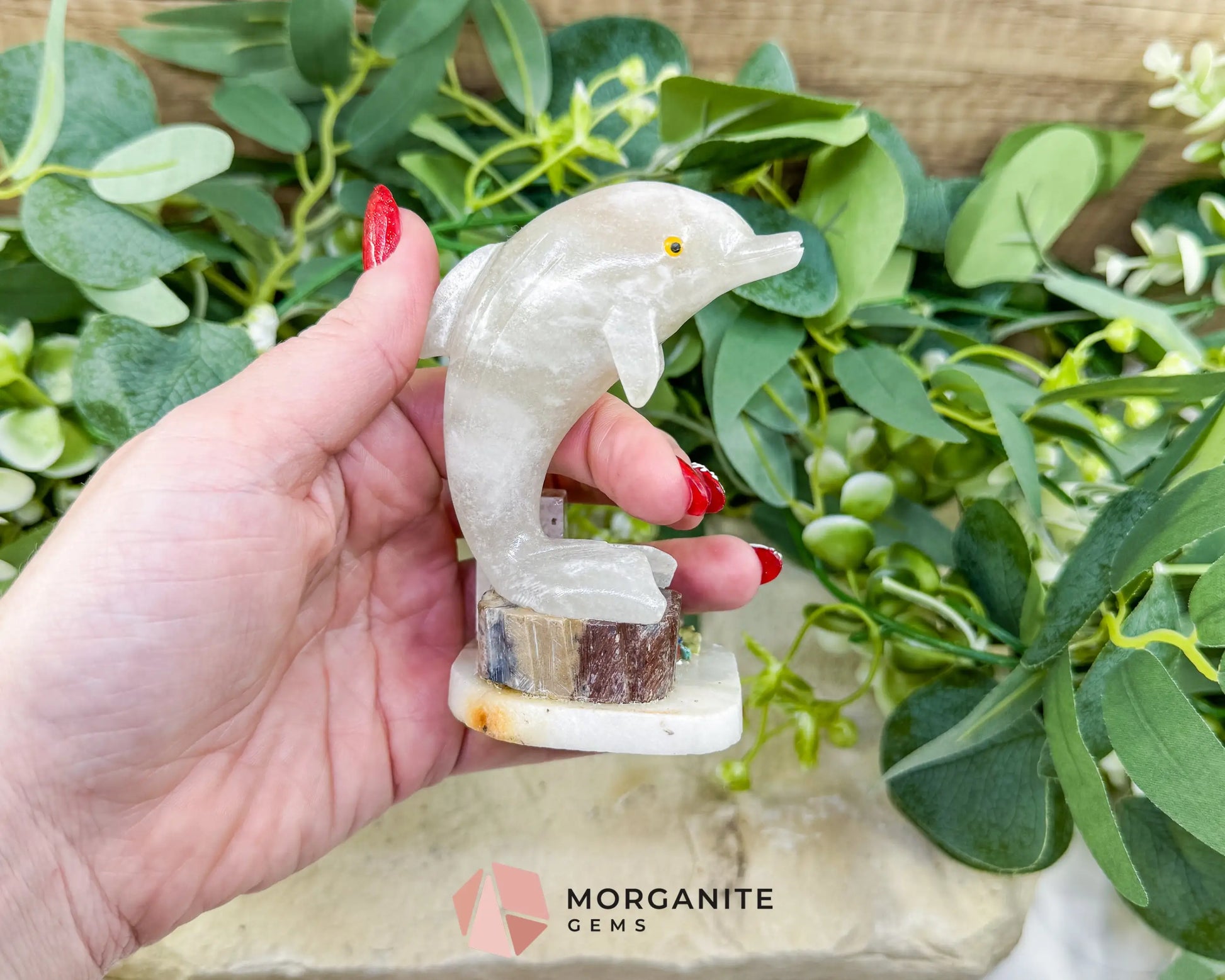 Hand-Carved Dolphin Crystal Sculpture (205g) on Mixed Stone Base with Pen/Wand Holder - Metaphysical Crystals