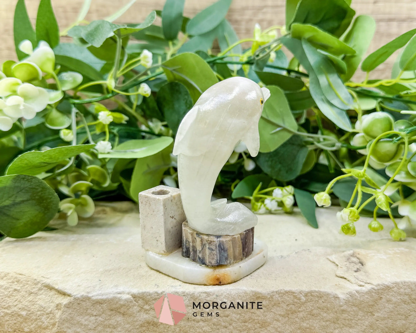 Hand-Carved Dolphin Crystal Sculpture (205g) on Mixed Stone Base with Pen/Wand Holder - Metaphysical Crystals