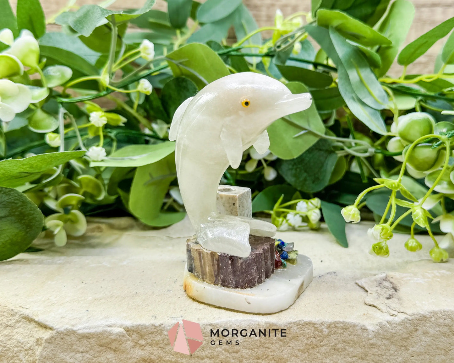 Hand-Carved Dolphin Crystal Sculpture (205g) on Mixed Stone Base with Pen/Wand Holder - Metaphysical Crystals