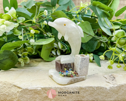 Hand-Carved Dolphin Crystal Sculpture (205g) on Mixed Stone Base with Pen/Wand Holder - Metaphysical Crystals