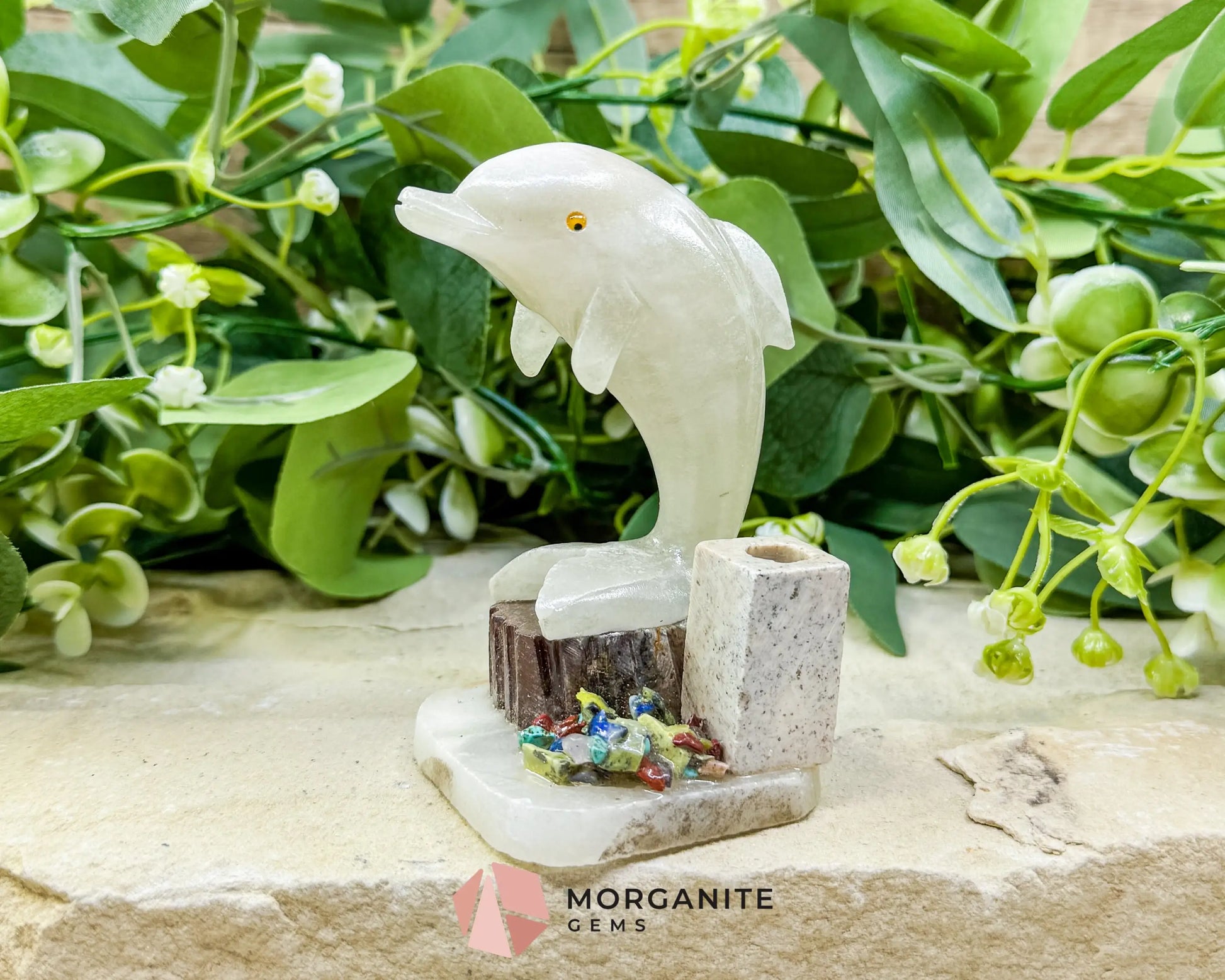 Hand-Carved Dolphin Crystal Sculpture (205g) on Mixed Stone Base with Pen/Wand Holder - Metaphysical Crystals