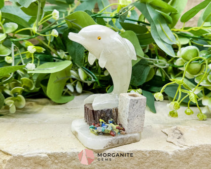 Hand-Carved Dolphin Crystal Sculpture (205g) on Mixed Stone Base with Pen/Wand Holder - Metaphysical Crystals