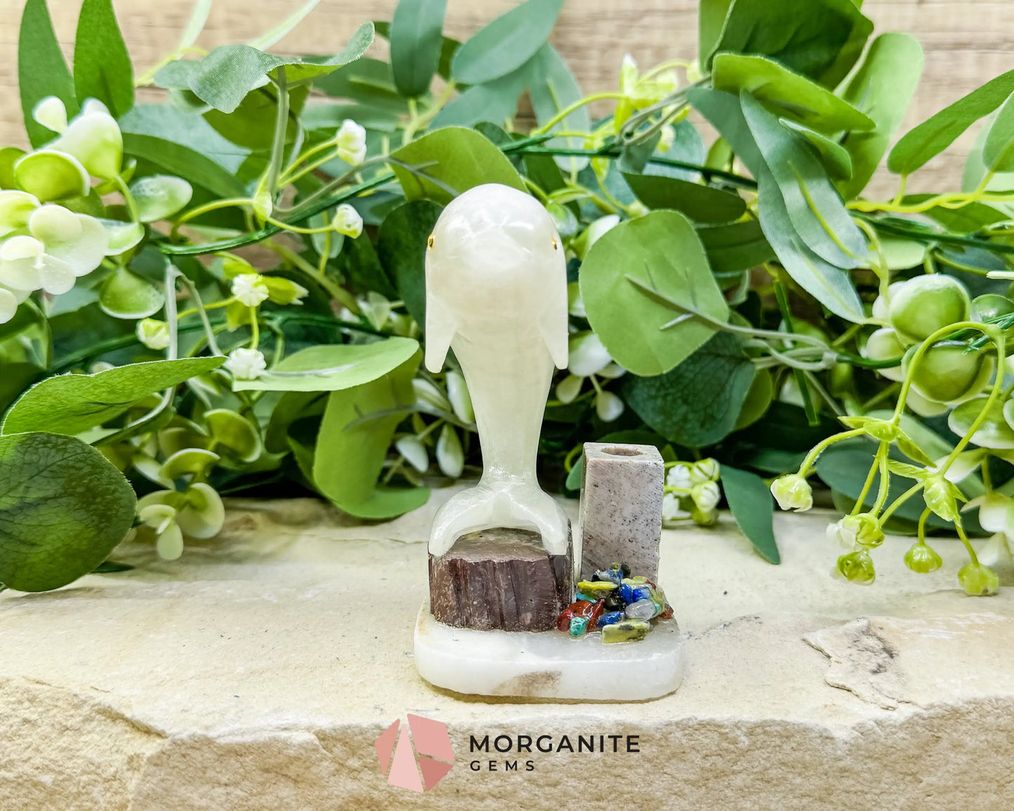 Hand-Carved Dolphin Crystal Sculpture (205g) on Mixed Stone Base with Pen/Wand Holder - Metaphysical Crystals