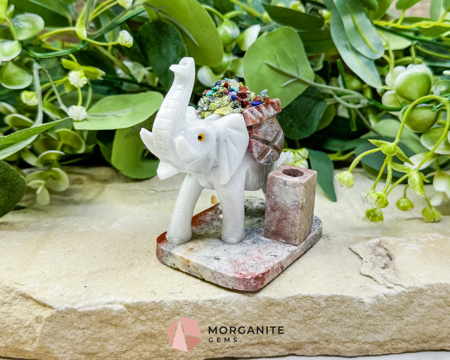 Hand-Carved Elephant Crystal Pen Holder (270g) - Good Luck Wisdom & Stability Sculpture - Metaphysical Crystals