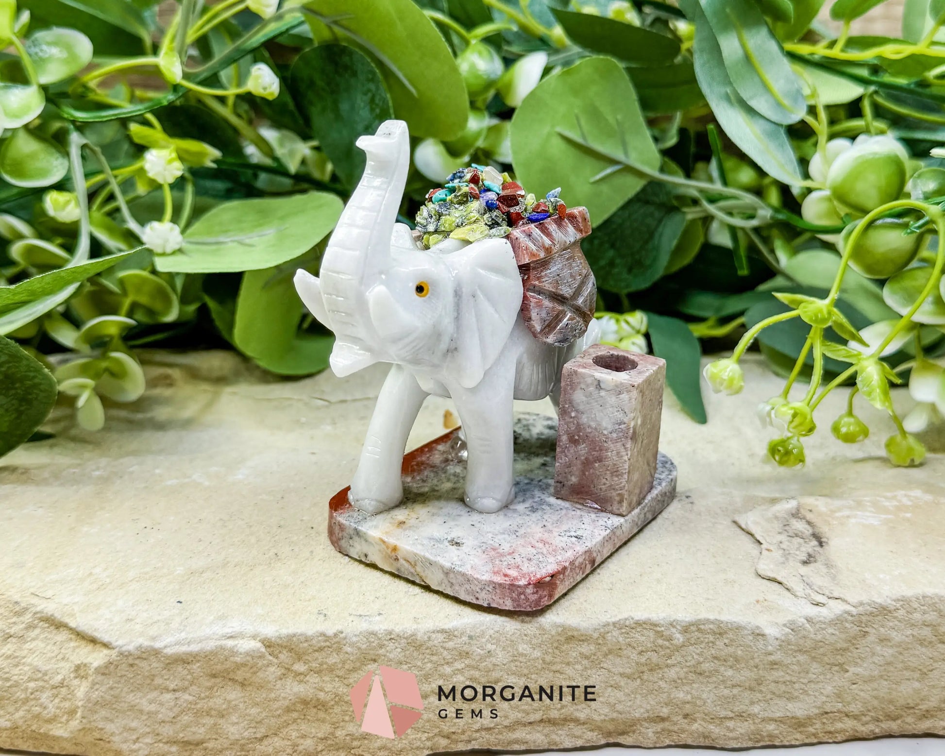 Hand-Carved Elephant Crystal Pen Holder (270g) - Good Luck Wisdom & Stability Sculpture - Metaphysical Crystals