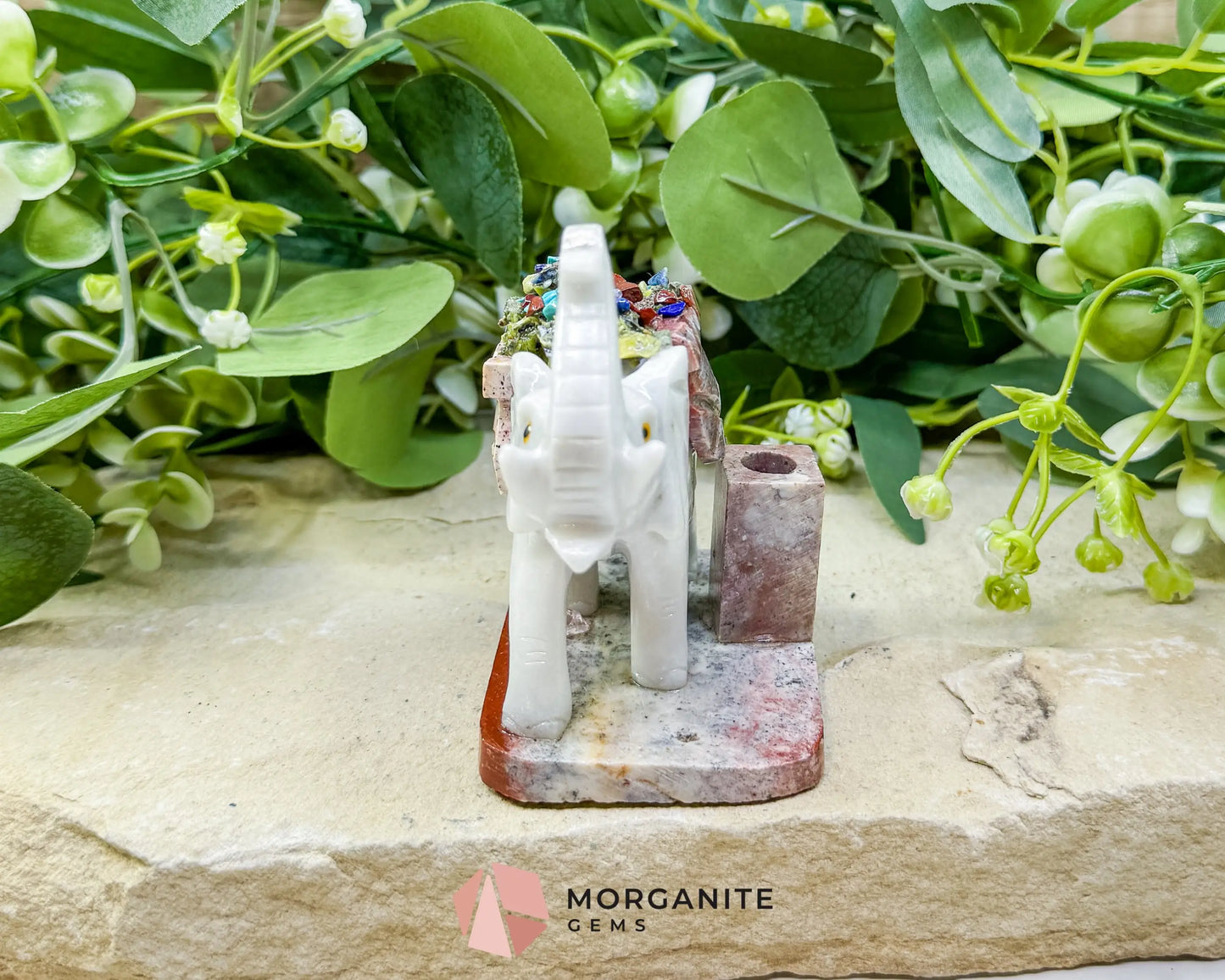 Hand-Carved Elephant Crystal Pen Holder (270g) - Good Luck Wisdom & Stability Sculpture - Metaphysical Crystals