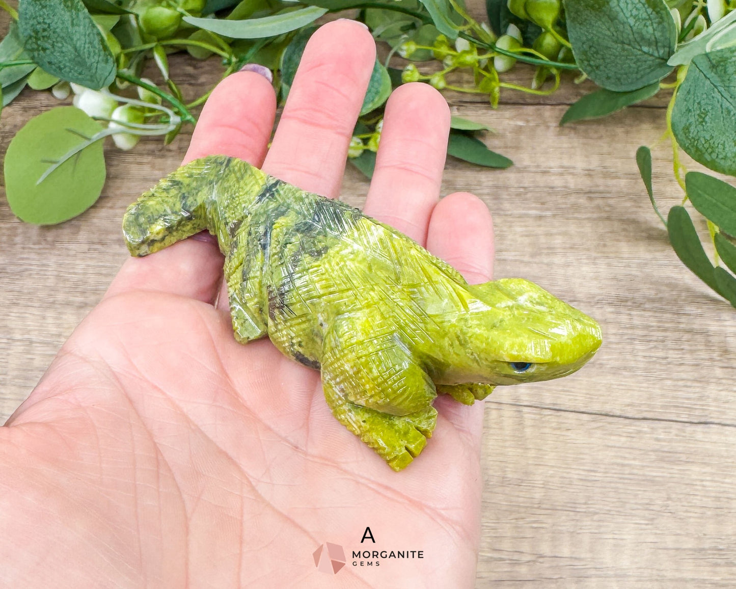 Hand-Carved Iguana in Green Serpentine – Unique & One-of-a-Kind Sculpture - A - Metaphysical Crystals