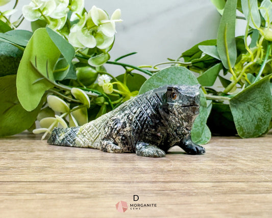 Hand-Carved Iguana in Green Serpentine – Unique & One-of-a-Kind Sculpture - D - Metaphysical Crystals