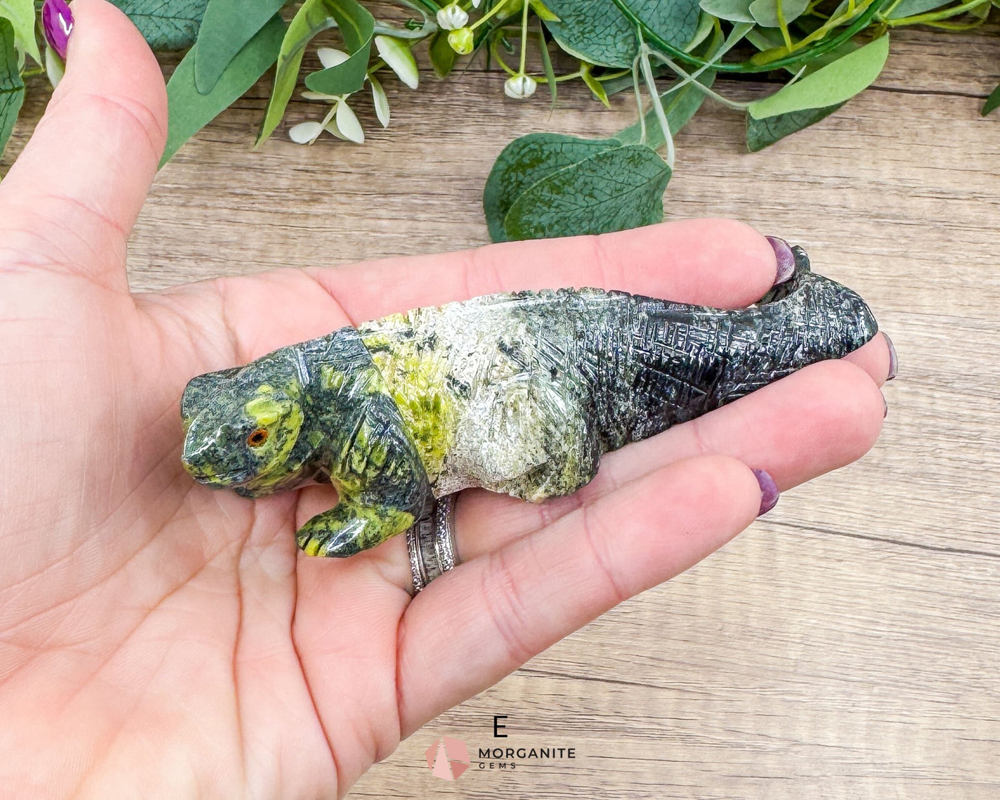 Hand-Carved Iguana in Green Serpentine – Unique & One-of-a-Kind Sculpture - E - Metaphysical Crystals