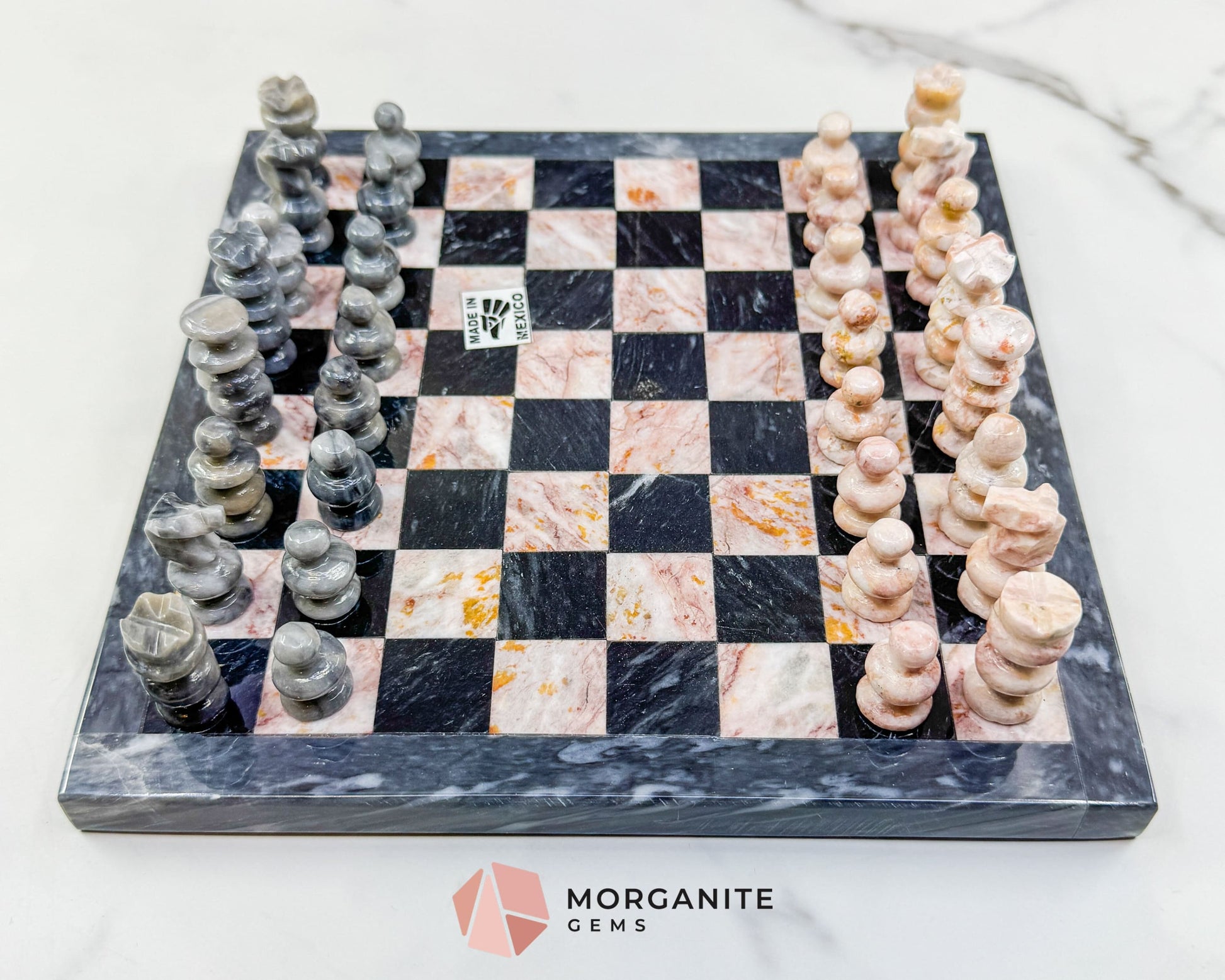 Hand-Carved Mexican Onyx Chess Set (7.75’’) – Compact Pink & Black Stone Strategy Board Game - Home & Living