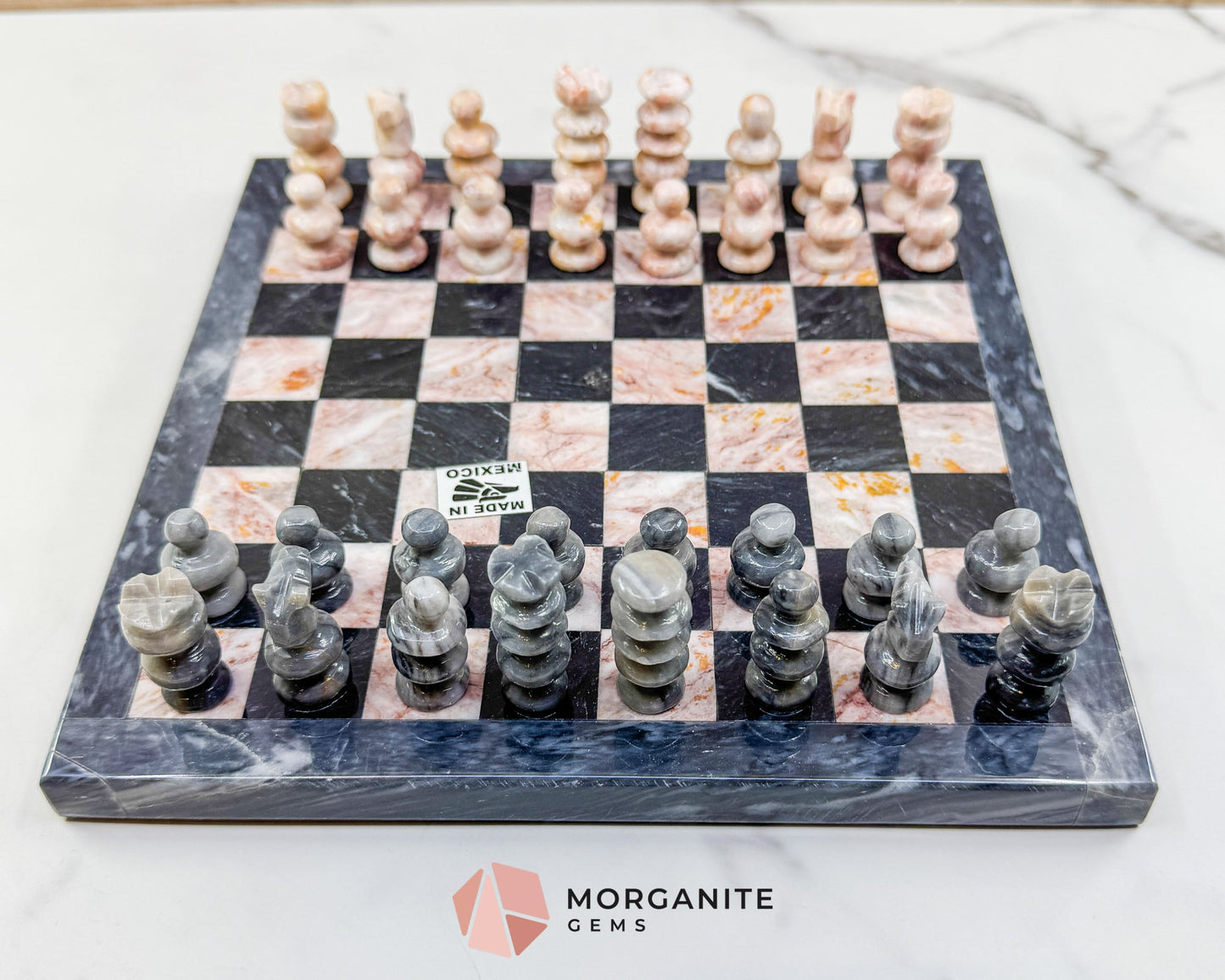 Hand-Carved Mexican Onyx Chess Set (7.75’’) – Compact Pink & Black Stone Strategy Board Game - Home & Living