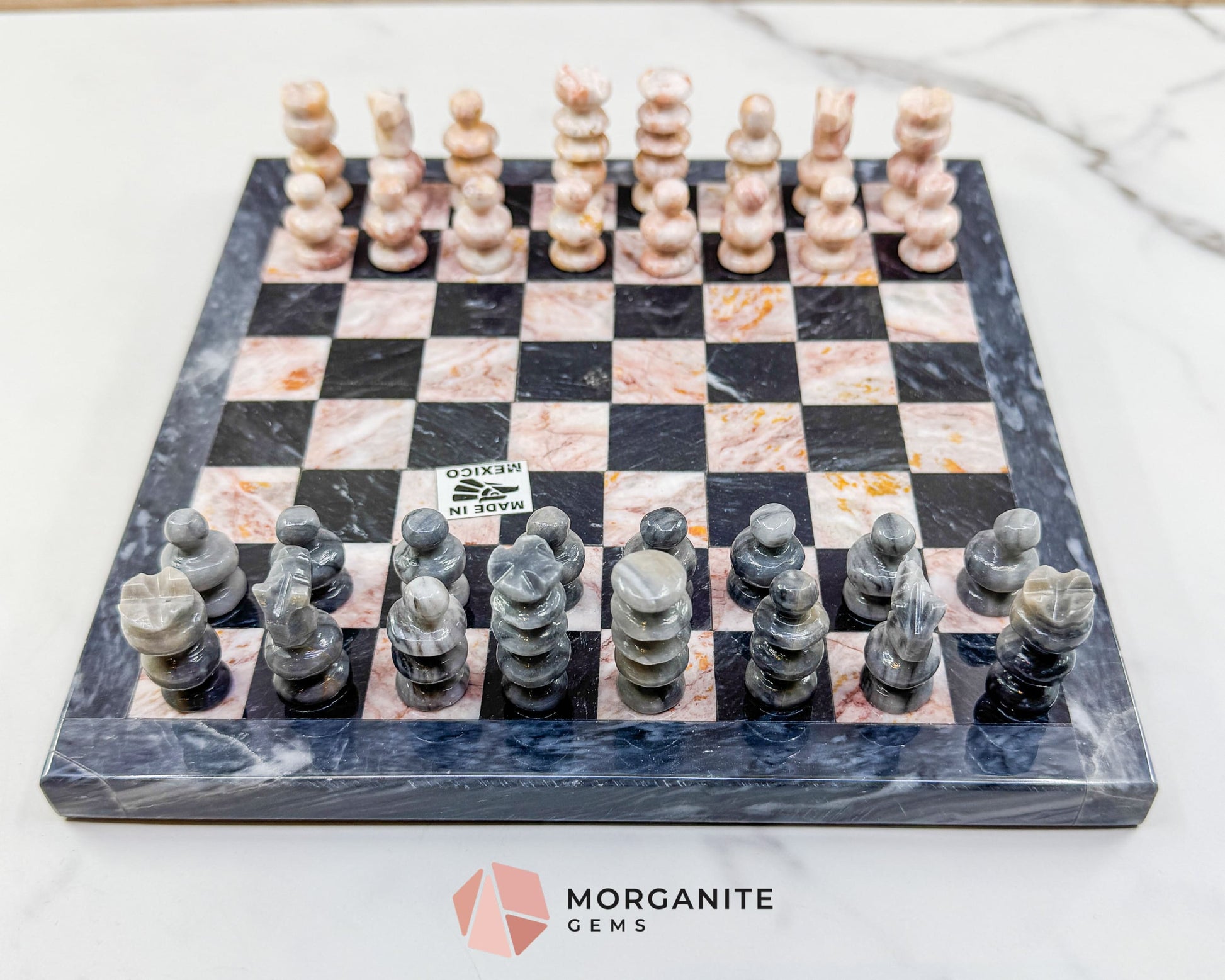 Hand-Carved Mexican Onyx Chess Set (7.75’’) – Compact Pink & Black Stone Strategy Board Game - Home & Living