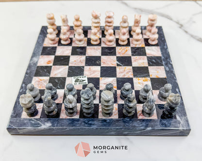 Hand-Carved Mexican Onyx Chess Set (7.75’’) – Compact Pink & Black Stone Strategy Board Game - Home & Living