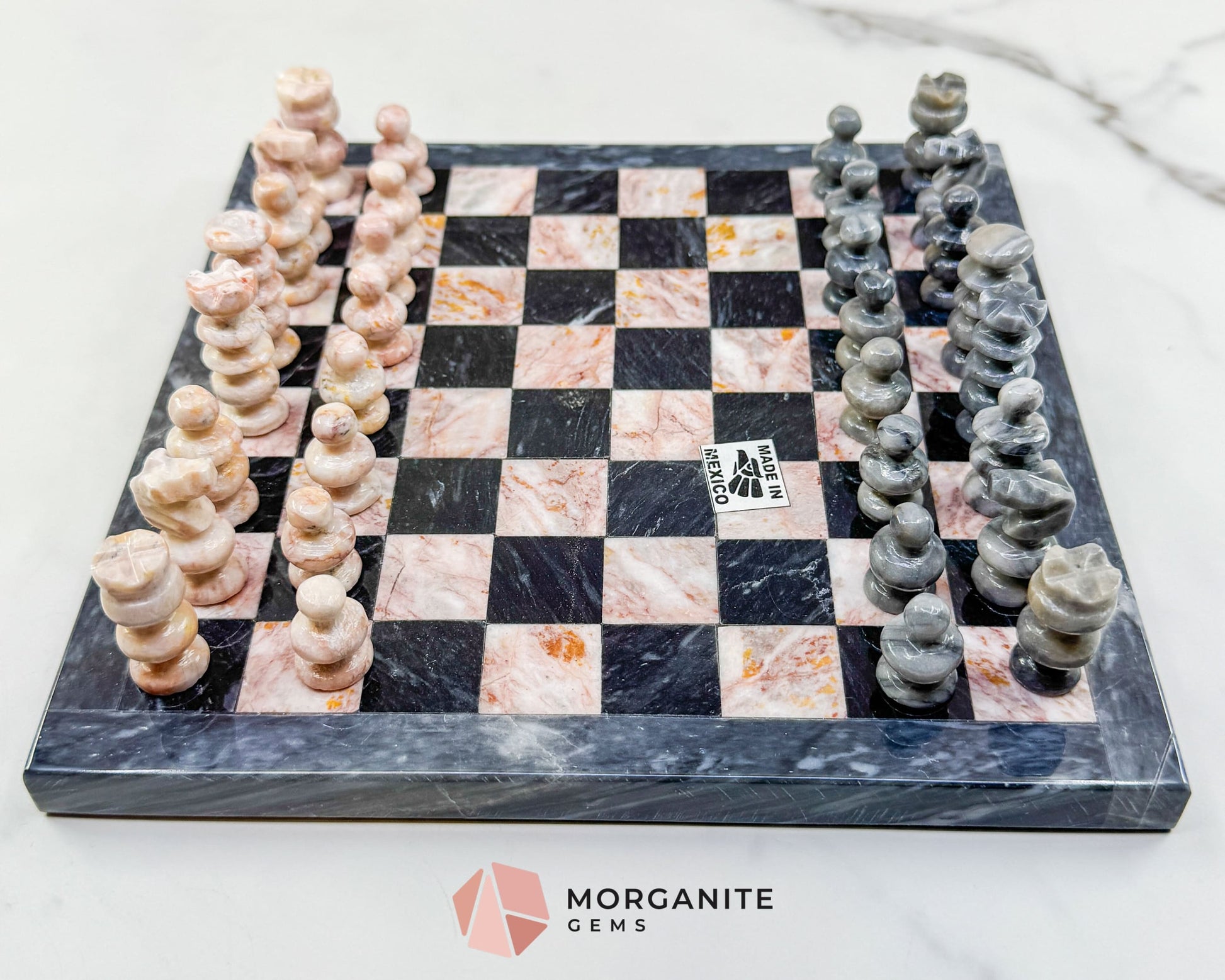 Hand-Carved Mexican Onyx Chess Set (7.75’’) – Compact Pink & Black Stone Strategy Board Game - Home & Living