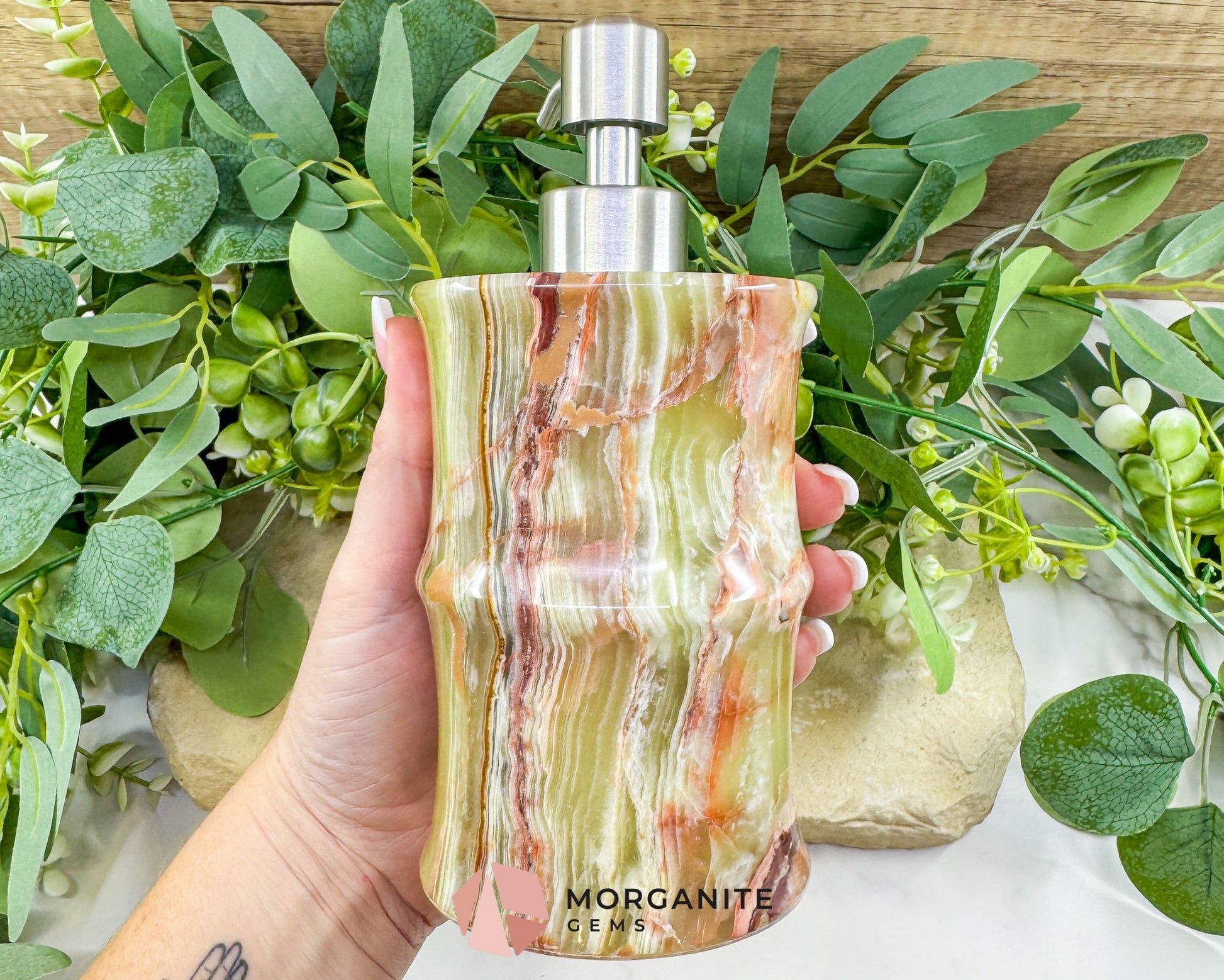 Hand-Carved Onyx Soap Dispenser No.1 – Natural Stone Bathroom Accessory with Stainless Steel Pump - Metaphysical