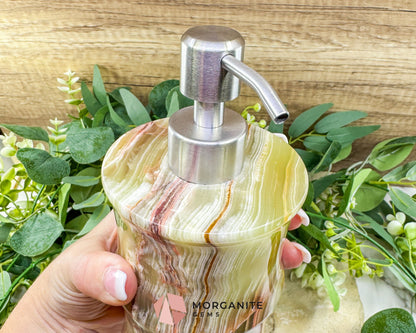Hand-Carved Onyx Soap Dispenser No.1 – Natural Stone Bathroom Accessory with Stainless Steel Pump - Metaphysical