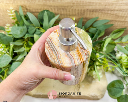 Hand-Carved Onyx Soap Dispenser No.2 – Natural Stone Bathroom Accessory with Stainless Steel Pump - Metaphysical