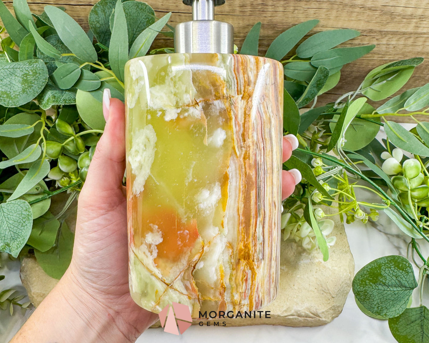 Hand-Carved Onyx Soap Dispenser No.2 – Natural Stone Bathroom Accessory with Stainless Steel Pump - Metaphysical