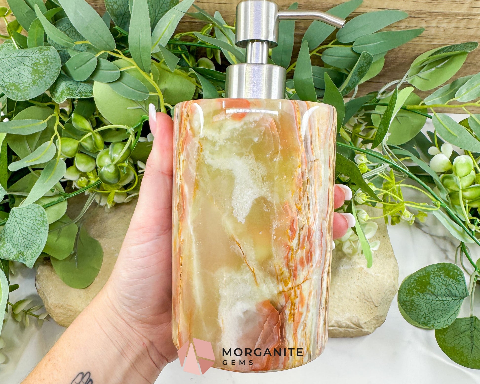 Hand-Carved Onyx Soap Dispenser No.2 – Natural Stone Bathroom Accessory with Stainless Steel Pump - Metaphysical