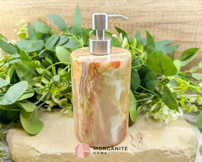 Hand-Carved Onyx Soap Dispenser No.2 – Natural Stone Bathroom Accessory with Stainless Steel Pump - Metaphysical
